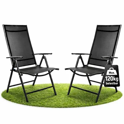 Produktbild von BigDean 2er Set Gartenstuhl Hochlehner klappbar bis 120kg belastbar schwarz 7-fach verstellbar wetterfest Balkonstuhl für Garten Terrasse & Camping