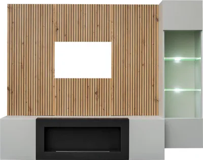 Produktbild von SHIRIKI Wohnzimmerwand mit Bio-Kamin – Perlgrau / Eiche Artisan / Schwarz