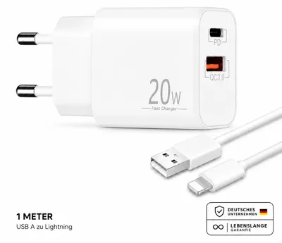 Produktbild von Schnellladegerät USB-C + USB-A Dual Netzteil Universal mit Kabel – USB Lightning 1 Meter