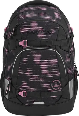A black backpack with a pink camouflage pattern and pink accents.