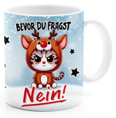 Produktbild von Kaffee-Tasse mit Spruch Bevor du fragst Nein! Katze Rentier Weihnachtsmuffel Bürotasse lustige Kaffeebecher MoonWorks® mit Hintergrund weiß standard