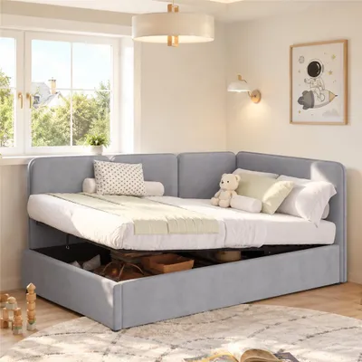 Immagine prodotto di Letto imbottito Merax Daybett, 90x200 cm, con spazio contenitore idraulico, design da divano letto con possibilità di montaggio dei braccioli sia a sinistra che a destra, letto per ospiti con rete a doghe, rivestito in velluto grigio