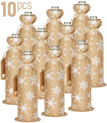 Produktbild von BRUBAKER Weinbeutel für Weihnachten - Schneeflocken Weiß - 36 cm x 17 cm Jutesack - Weintasche für Wein, Sekt, Champagner - Flaschenbeutel, 10 Stück