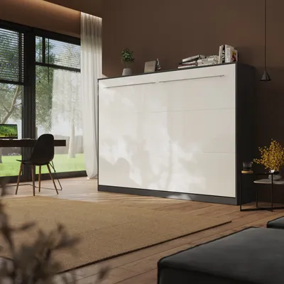 Produktbild von Schrankbett Wandklappbett Standard 140x200 cm Horizontal Anthrazit/ Weiß Hochglanzfront