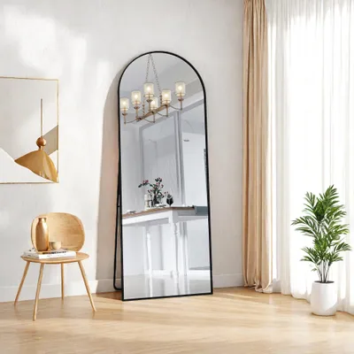 Zdjęcie produktu dla Lustro stojące ProximaX w kształcie łuku, 162 x 53 cm, lustro pełnopostaciowe z regulowanym stojakiem, antypoślizgowe, nowoczesne lustro ścienne do sypialni i przedpokoju, czarne