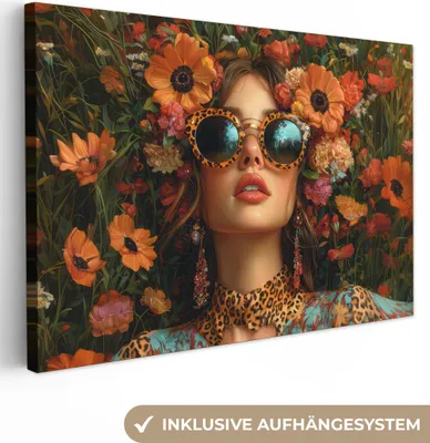 Produktbild von Wanddeko 120x80 cm - Frau - Blumen - Modern - Brille - Abstrakt, Leinwand Bilder, Gemälde, Wanddeko