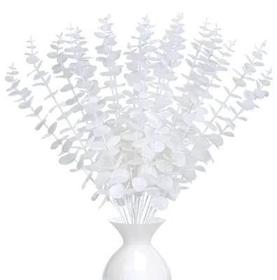 Produktbild von Künstliche Eukalyptus-Pflanzendekoration: 20 künstliche Eukalyptuszweige und -blätter für Hochzeiten, Partys, Heimdekoration, Tischdekoration und Blumenarrangements (weiß).
