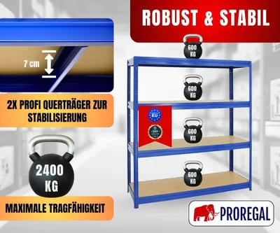 Produktbild von Schwerlastregal DINO | HxBxT 180x160x60cm | 4 MDF-Platten-Ebenen 6,5 mm | Fachlast 600kg | Blau