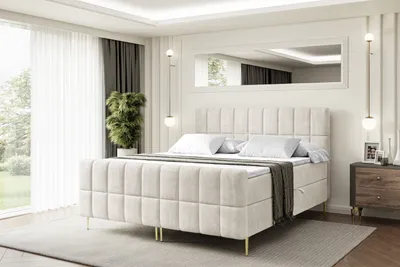 Produktbild von ALTDECOR Boxspringbett mit Gold Füßen, Matratze und Lattenrost, Topper, Fußteil, Polsterbett mit Bettkasten, Bett mit Stauraum H4-Matratze, Doppelbett - MIAMI-FZ-Z - 180x200 - Beige Monolith