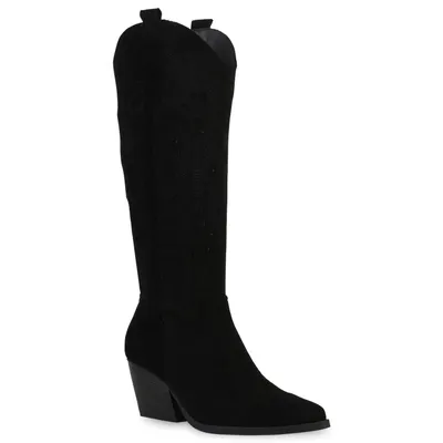 Produktbild von VAN HILL Damen Stiefel Cowboystiefel Stickereien Schuhe 839123, Farbe: Schwarz Velours, Größe: 37