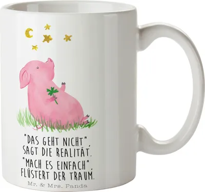 Produktbild von Mr. & Mrs. Panda Kaffeebecher Schwein Glück - Weiß - Geschenk, Ziele, Sterne, haferl, Trinkbecher, Keramiktasse, Lustige Sprüche, Teetasse, Kaffeetasse, Tasse, Motivation
