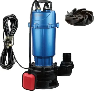 A blue submersible pump with a black base, a red float switch, a black power cord, and a separate black impeller is displayed against a white background.