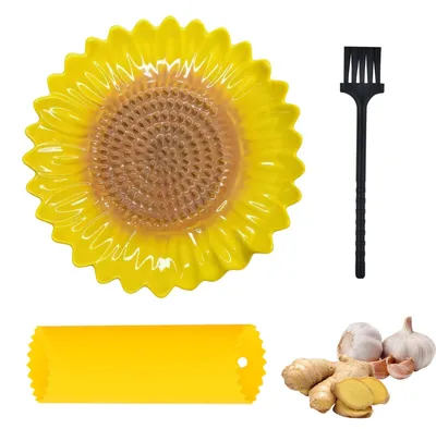 Productafbeelding van Keramische rasp in zonnebloemvorm met schoonmaakborstel en knoflookschiller