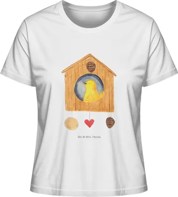 Produktbild von Mr. & Mrs. Panda Oberteil Damen Vogel Haus Größe M - Weiß - Geschenk, Lustige Sprüche, Basic T-Shirt, Vogelhäuschen, Wohnung, Vogelhaus, Zuhause, Rundhals, Shirt