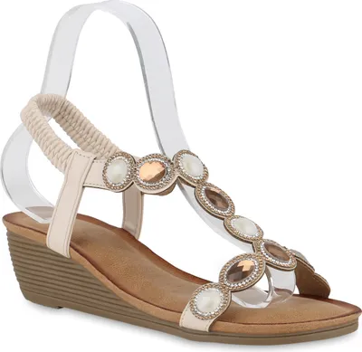Produktbild von VAN HILL Damen Keilsandaletten Sandaletten Strass Zierperlen Sommer Schuhe 840957, Farbe: Beige, Größe: 37