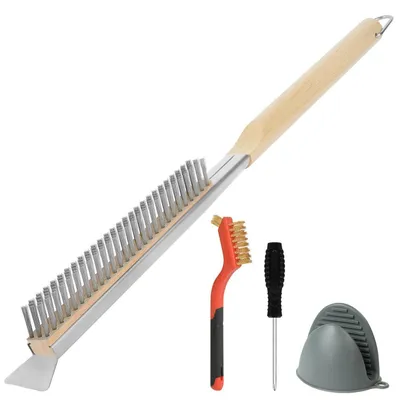Produktbild von Pizzaofen Bürste 56cm mit Stahlschaber, Edelstahl Borsten, Holzgriff, Grill Reinigungsbürste für Gasgrill Holzkohlegrill
