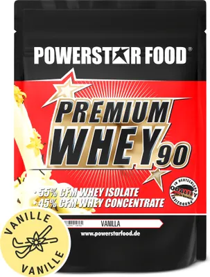 Produktbild von Powerstar PREMIUM WHEY 90 | 90% Protein i.Tr. | Whey-Protein-Pulver 850 g | 55% CFM Whey Isolat & 45% CFM Konzentrat | Eiweiß-Pulver Vanilla