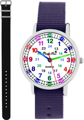 Produktbild von Kinder Armbanduhr Mädchen Jungen Einschulung Lernuhr Kinderuhr 2 Armband violett + schwarz