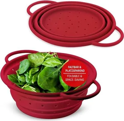 Produktbild von Coolinato Silikonsieb, faltbar, spülmaschinenfest, Nudelsieb, Abtropfsieb, Dampfeinsatz, Küchensieb, 16 cm rot