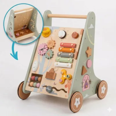 Produktbild von Laavir Holz-Lauflernwagen mit Aktivitätspanel - Baby Walker mit Xylophon, Spiegel, Uhr und Formen - Montessori ab 1 Jahr - Hellgrün