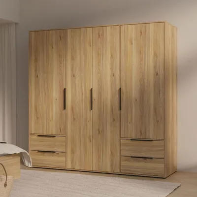 Image de Armoire FORTE ORKNEY, 4 portes, 4 tiroirs, en bois de chêne Mauvella, avec 5 étagères et 1 penderie