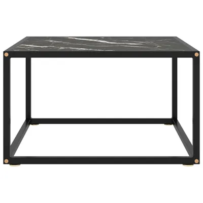 A black coffee table with a black marble-look top and black metal legs.