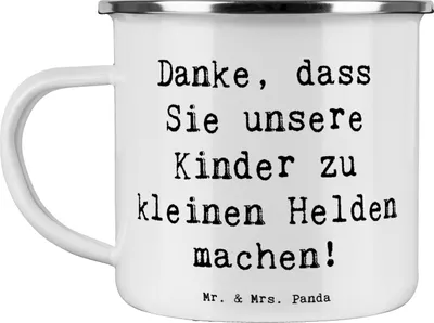 Produktbild von Mr. & Mrs. Panda Teetasse Spruch Erzieher Heldenmacher - Weiß - Geschenk, Erziehung, Emaille Becher, Tasse, Danke sagen, Kinder, Wertschätzung, Campingtasse, Teebecher