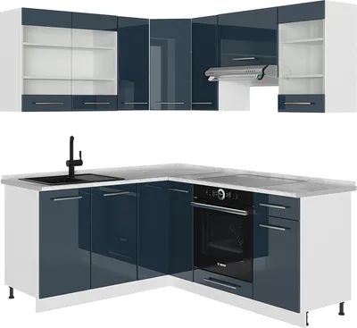 Produktbild von Vicco Eckküche Fame-Line, 160 x 60 cm ohne Arbeitsplatte, Dunkelblau Hochglanz/Weiß