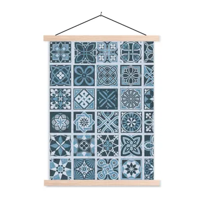 Produktbild von MuchoWow® Textilposter Blumen - Blau - Muster - Figuren 40x53 cm mit holzfarbenen Rahmen - Schlafzimmer
