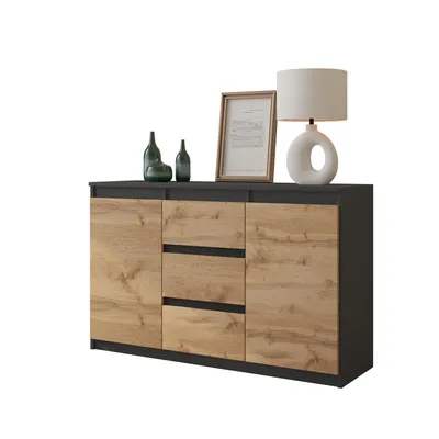 Zdjęcie produktu dla Komoda 120 Cm Antracyt / Dąb Wotan 3 Szuflady 2 Drzwi 2 Półki Salon