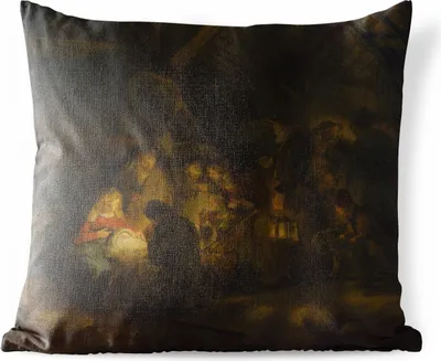 Produktbild von MuchoWow® Outdoor Kissen - Anbetung der Hirten - Gemälde von Rembrandt van Rijn - 40x40 cm - Wetterfest - Lounge Kissen - Kopfkissen - Interieur - Polster mit Bild