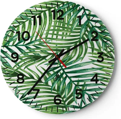 Produktbild von Wanduhr - Rund - Glasuhr - Palme Blatt grün - 40x40cm - Schleichendes Uhrwerk - Lautlos - zum Aufhängen bereit - Dekoration Modern - Wanddekoration aus Glas - C4AR40x40-3777