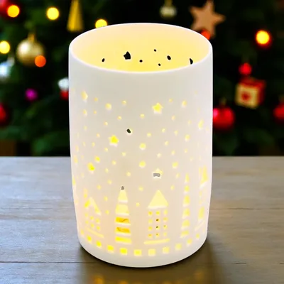 Immagine prodotto di 1.04 villaggio di lanterne a LED in porcellana bianca - circa 13 x Ø 8,5 cm - decorazione natalizia a batteria