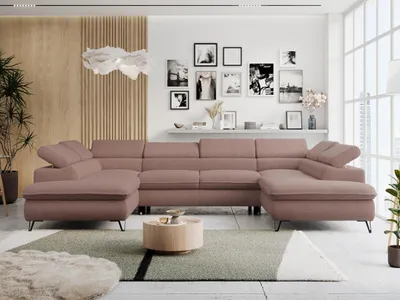 Produktbild von Ecksofa mit  Schlaffunktion, Bettkasten, U-form, einstellbare Kopfstützen, Wohnzimmersofa - PETER U - Boucle - Rosa