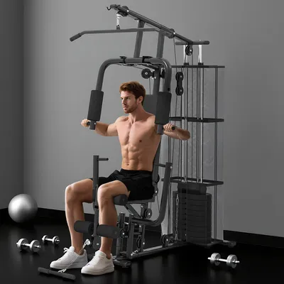 Zdjęcie produktu dla HOMCOM Power Station Fitness Station Sprzęt fitnessowy Wielofunkcyjny trening siłowy Stacja treningowa wielostanowiskowa z drążkiem do ćwiczeń na drążku motylkowym, liną 45 kg, sprzęt fitness do domu, kolor czarny