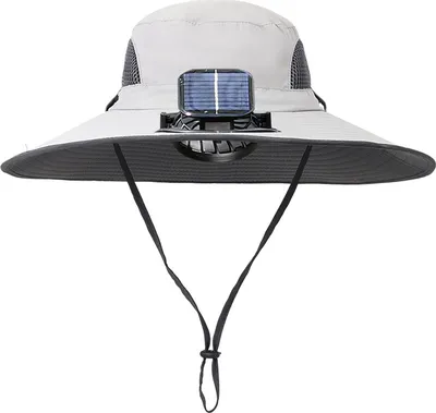 Produktbild von Sonnenhut mit solarbetriebenen Doppelventilatoren, breitkrempiger Outdoor-Angelhut mit USB-Aufladung, atmungsaktiver Fischerhut aus Netzstoff
