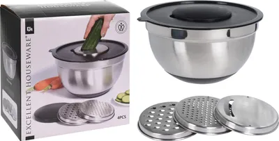 Produktbild von EXCELLENT HOUSEWARE KÜCHENREIBE mit 3 Reibeflächen + Schüssel aus Stahl 26 cm + Deckel 4,5l