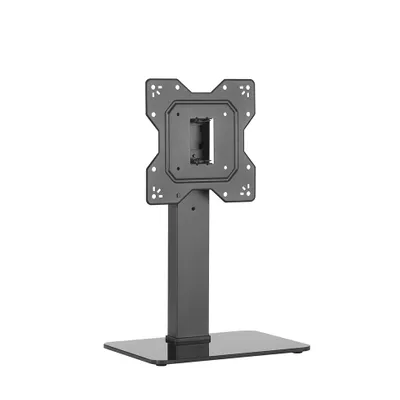 A black desk stand for a TV or monitor, shown against a white background.