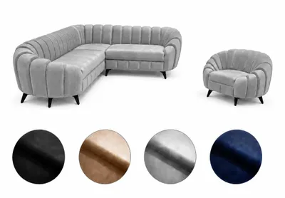 Zdjęcie produktu dla Zestaw wypoczynkowy Verno: sofa narożna 270x210 + fotel w nowoczesnym stylu, sprężyny Bonell HR45, wysokiej jakości tapicerka, styl loftowy i glamour, wolnostojący, ergonomiczny, jasnoszary