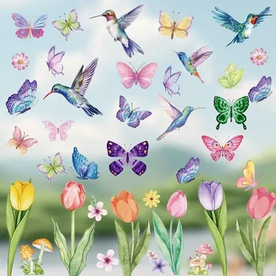 Produktbild von Selbstklebende Raumschmuck für Kinderzimmer, 8 Blätter, herstellbar, Blumen, Vögel, Schmetterlinge, selbstklebend, wiederholbar