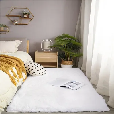 Produktbild von Weicher Shaggy Teppich 120 x 160 cm Waschbar Hochflor Samt Bodenteppich Rutschfest Weiß Creme