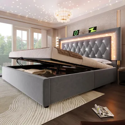 Produktbild von Flieks Polsterbett 160x200cm mit USB & Type C, Hydraulisches Bett mit Stauraum, Doppelbett Jugendbett mit LED, Stauraumbett Samt, Grau
