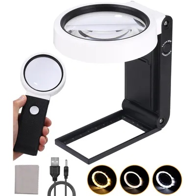 Produktbild von Lupe mit Licht und Ständer, 25X LED Beleuchtete Lupe,mit 18 LED-Licht, 3 Modi Dimmbare Große Glas-Handlupe,für Senioren, Juwelier, Handwerk, Bücher