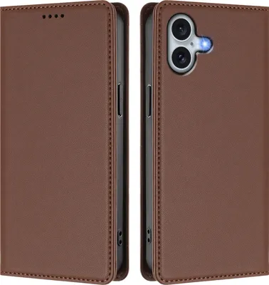 Image de Étui en cuir pour iPhone 16 Plus, étui à rabat magnétique en cuirPolyuréthaneavec support, marron