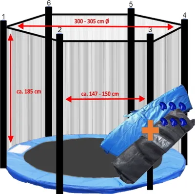 Produktbild von walexo Trampolin Randabdeckung + Sicherheitsnetz für 6 Stangensystem ( 305 cm Ø, Blau/Schwarz )