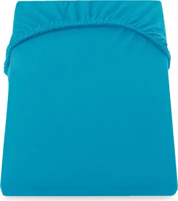 A folded turquoise fitted sheet is shown against a white background.