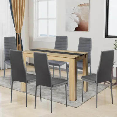 Image de Ensemble de salle à manger pour 6 personnes, bois chêne noir, table de 110 cm + 6 chaises en similicuir, dossier haut, couleur gris foncé