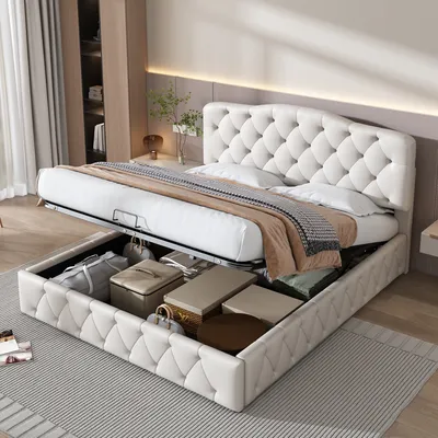 Produktbild von okwish Polsterbett 140 x 200 cm, Doppelbett, hydraulisches Funktionsbett, Bett im europäischen Stil, höhenverstellbares Kopfteil, Litschi-Muster, Kunstleder (weiß)