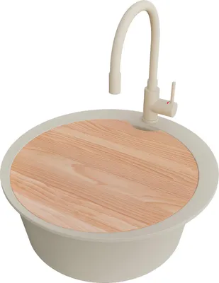 Produktbild von PRIMAGRAN Granitspüle Beige 53x53cm, Spülbecken Rund 1 Becken + Küchenarmatur 38x14cm + Ablauf-Set + Schneidebrett, Küchenspüle ab 50er Unterschrank - Pisa Max