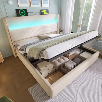 Image de MODFU Lit Coffre 140x200 cm - Lit Adulte avec LED Intégrée, Port USB-C et Rangement Sous Sommier - Sans Matelas - Revêtement Tissu Lin - Beige